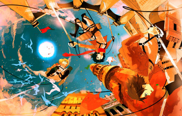 Картинка аниме shingeki+no+kyojin attack on titan вторжение титанов shingeki no kyojin город полет воины