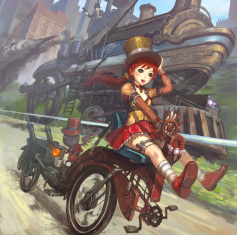 Обои картинки фото аниме, -weapon,  blood & technology, агригат, едет, машина, дорога, шляпа, велосипед, девочка