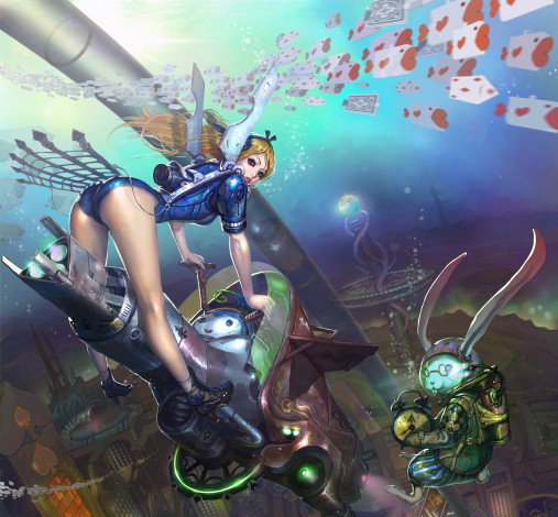 Обои картинки фото аниме, alice in wonderland, девушка, карты, фентези, алиса, кролик, пузырьки, вода, часы