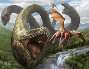 Картинка фэнтези драконы охота трехглавый арт водопад река пасть полет