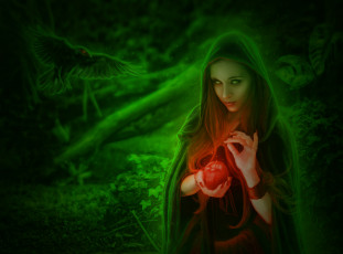 Картинка фэнтези маги +волшебники ворон магия колдунья девушка яблоко