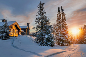Картинка города -+пейзажи снег север солнце лес домики свет холод зима