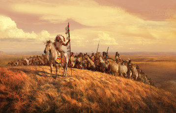 обоя рисованное, армия, прерия, оружие, лошади, племя, вождь, тропа, войны, кони, индейцы