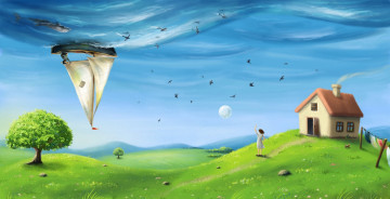Картинка рисованное -+другое перевёрнутый мир дерево лодка дом девочка море дельфин трава