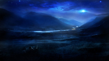 Картинка рисованное природа пейзаж долина звёзды холмы небо река ночь