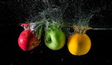 Картинка еда Яблоки брызги жидкость фрукты апельсин