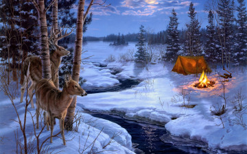 обоя рисованное, животные, олени, река, зима, костёр, лодка, палатка, топор, лес, берег, вечер
