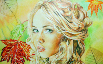 Картинка рисованное люди листва осень блондинка портрет девушка