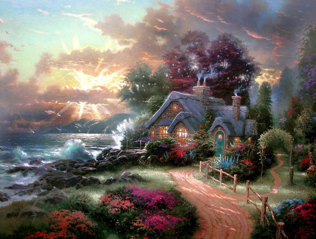 Обои картинки фото рисованное, живопись, море, берег, волны, дом, свет, дым, труба, цветы, тропинка