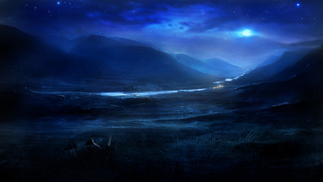 Обои картинки фото рисованное, природа, пейзаж, долина, звёзды, холмы, небо, река, ночь