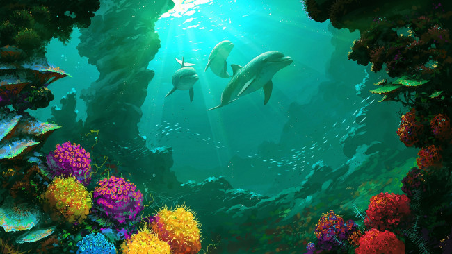 Обои картинки фото рисованное, животные, океан, море, дельфины, подводный, мир, рыбы, вода