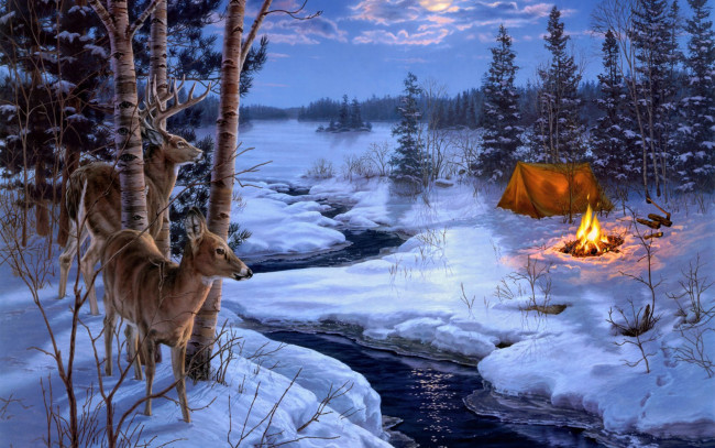 Обои картинки фото рисованное, животные, олени, река, зима, костёр, лодка, палатка, топор, лес, берег, вечер
