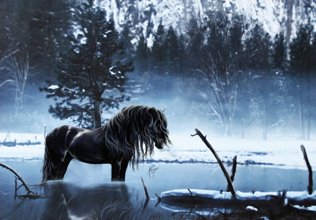 Обои картинки фото рисованное, животные, чёрный, водопой, лес, лошадь, вода, конь
