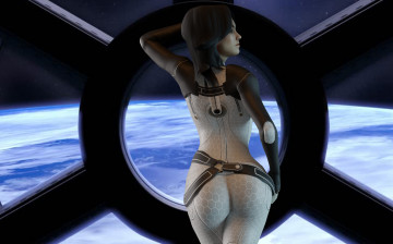 Картинка 3д+графика фантазия+ fantasy девушка фон униформа иллюминатор космос планета большая попа