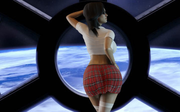 Картинка 3д+графика фантазия+ fantasy девушка фон иллюминатор юбка чулки космос планета большая попа