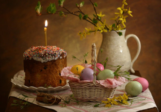Картинка праздничные пасха кулич свеча яйца корзина кувшин ветки