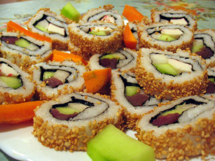 Картинка еда рыба морепродукты суши роллы кунжут