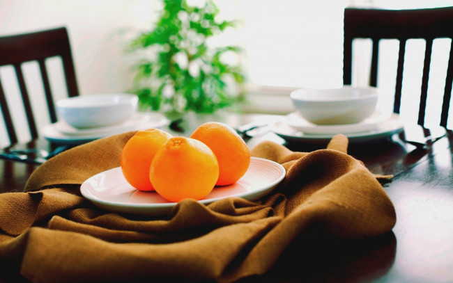 Обои картинки фото еда, цитрусы, апельсины, тарелка, салфетка
