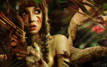 Картинка фэнтези девушки девушка лес револьвер опасность оружие