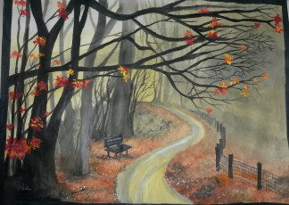 Картинка рисованное природа забор дорога парк скамейка деревья