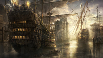 обоя фэнтези, корабли, мачты, вода, океан, верфь, пиратский, остров, тортуга, море
