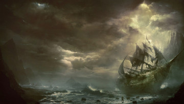Картинка фэнтези корабли пиратский остров скалы море черепа