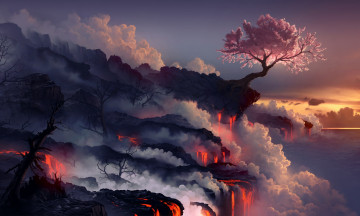 Картинка фэнтези пейзажи сакура вишня дерево цветение весна лава огонь иной мир пейзаж