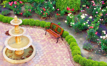 Картинка природа парк фонтан скамейка розарий