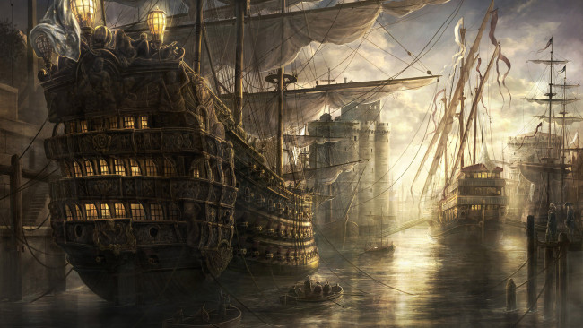 Обои картинки фото фэнтези, корабли, мачты, вода, океан, верфь, пиратский, остров, тортуга, море