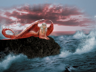 Картинка фэнтези _luis+royo девушка фон взгляд море камень крылья