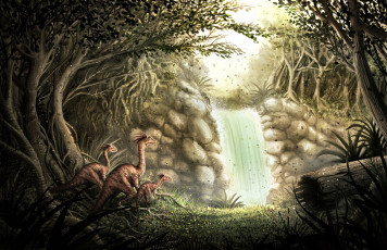 Картинка рисованное животные +доисторические динозавры водопад джунгли лес