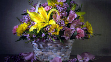 Картинка цветы букеты +композиции хризатемы лилии гвоздика альстромерия