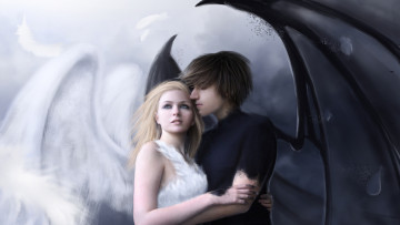 Картинка фэнтези ангелы парень девушка крылья любовь демон ангел
