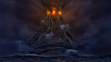 Картинка фэнтези пейзажи лава огонь вулкан небо тучи