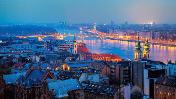 обоя города, будапешт , венгрия, крыши, панорама, вечер, мост, река