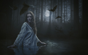 Картинка фэнтези фотоарт девушка фогн вода мышь ночь луна