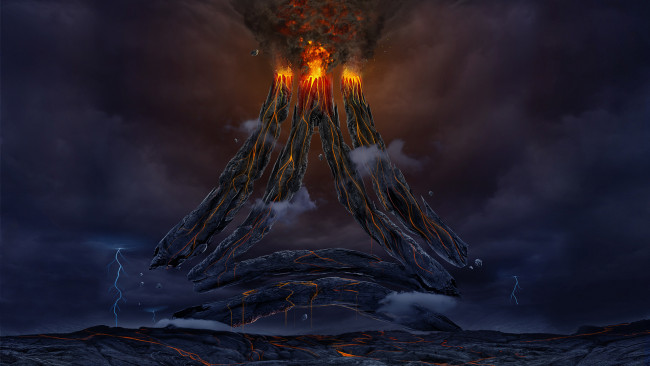 Обои картинки фото фэнтези, пейзажи, лава, огонь, вулкан, небо, тучи