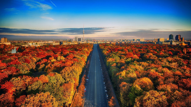 Обои картинки фото города, берлин , германия, осень, деревья, парк, шоссе, панорама