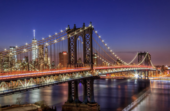 Обои картинки фото города, - мосты, сша, огни, нью, йорк, город, ночь, мост, свет