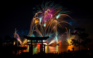 обоя разное, салюты,  фейерверки, lights, fireworks, night, torii, pines, new, year, asia