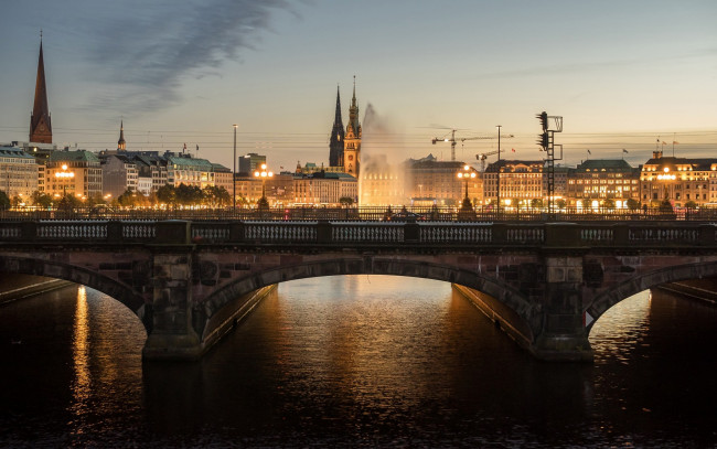 Обои картинки фото гамбург, германия, города, гамбург , городской, пейзаж, вечер, городские, огни, мост