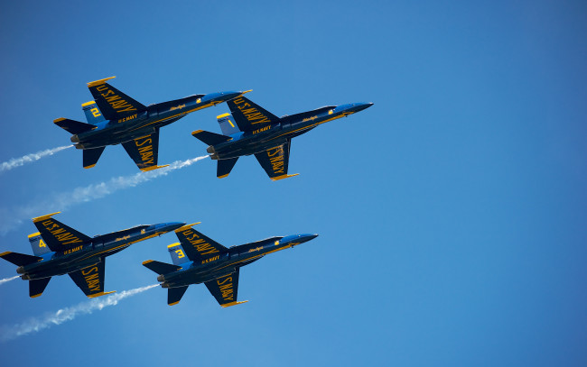 Обои картинки фото us navy blue angels, авиация, боевые самолёты, высший, пилотаж, fa-18, hornet, авиационная, группа, вмс, сша