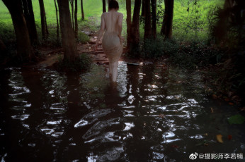 обоя девушки, - азиатки, юбка, спина, озеро, деревья