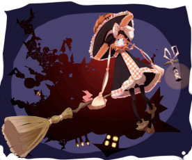 Картинка аниме halloween magic метла ведьма девушка шляпа тыква город