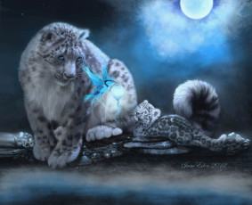 Картинка рисованные животные тигры луна птица