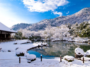 обоя tenryu, ji, temple, kyoto, природа, пейзажи, tenryu-ji, пруд, зима, снег