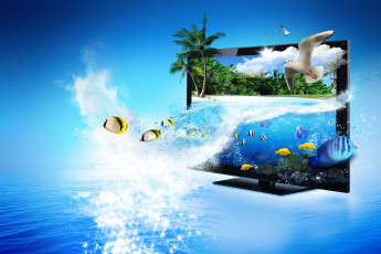 Картинка разное компьютерный дизайн монитор чайки рыбы пальмы море блики