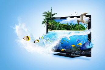 Картинка разное компьютерный дизайн море пальмы монитор чайки рыбы