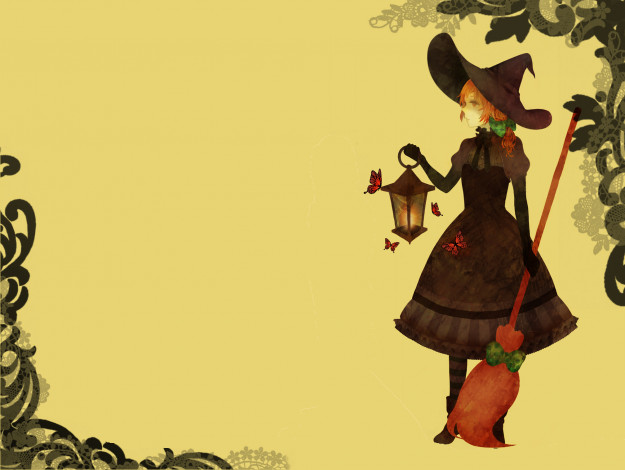 Обои картинки фото аниме, halloween, magic, девушка, ведьма, метла, шляпа, фонарь, бабочки