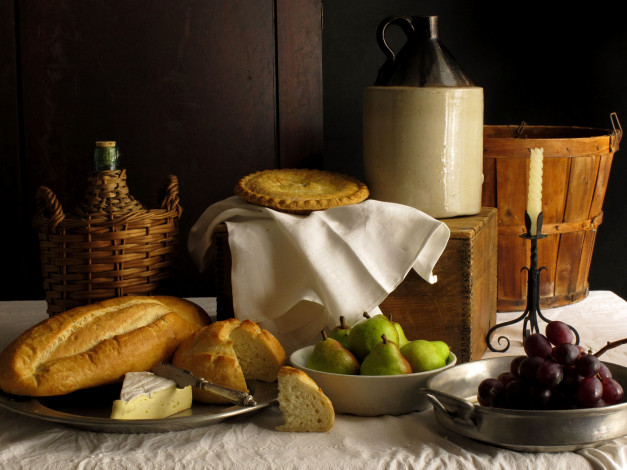 Обои картинки фото еда, натюрморт, сыр, бутылки, корзины, вино, груши, виноград, хлеб